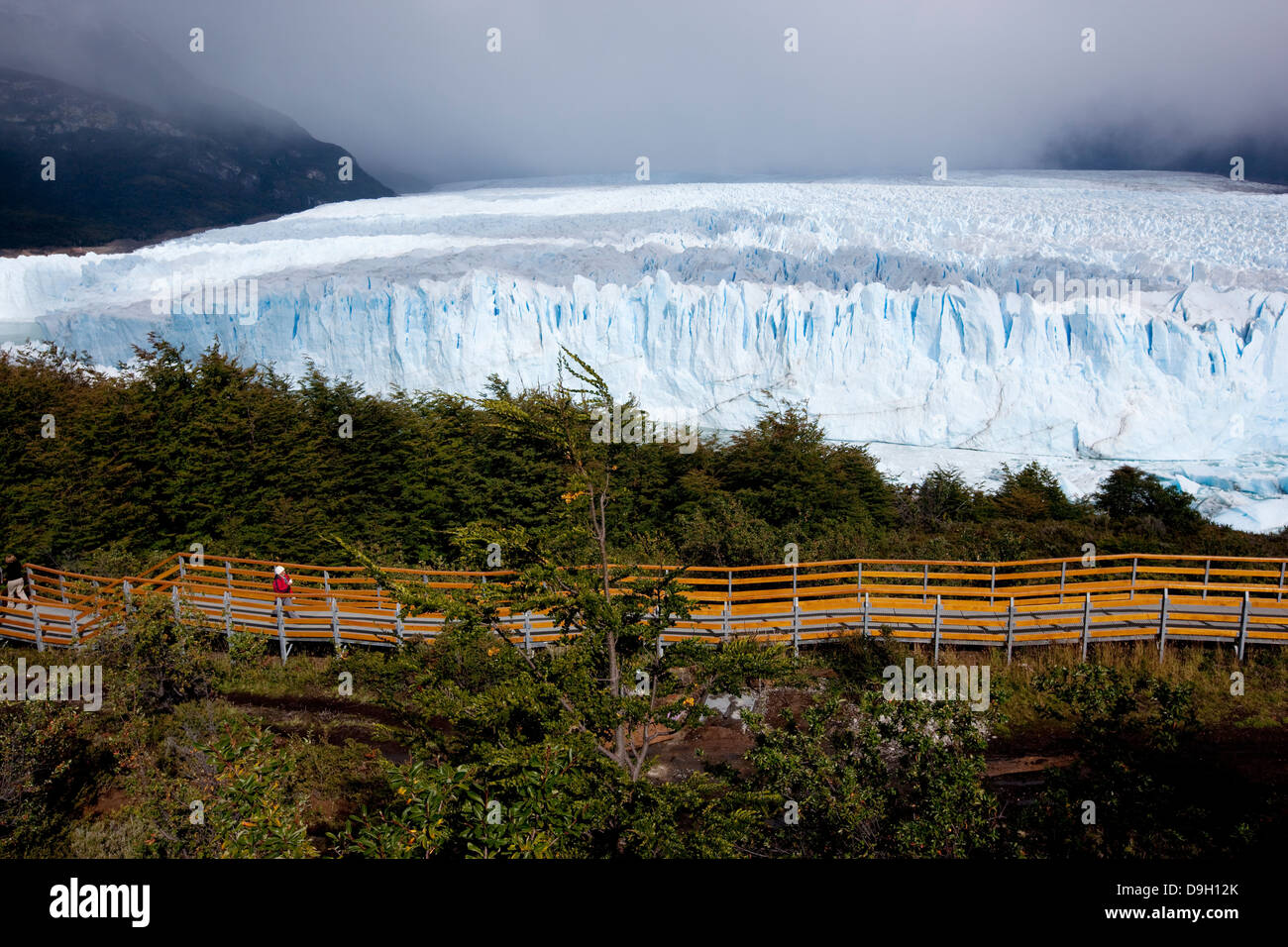 Footbridges near Perito Moreno Glacier. This glacier originates from the Southern Patagonian Ice Field. Stock Photo