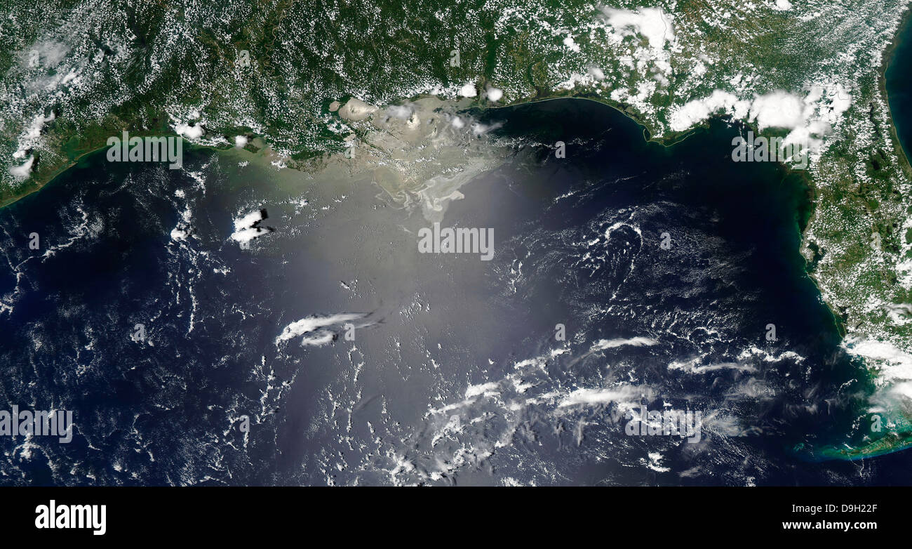 Satellite view of oil leaking from the damaged Deepwater Horizon well in the Gulf of Mexico. Stock Photo