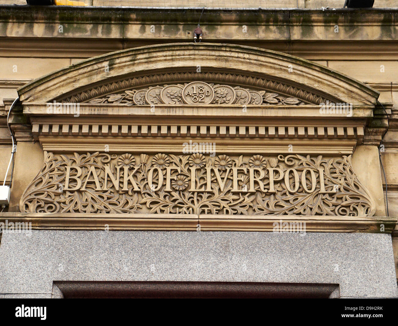 Bank of Liverpool sign above former bank building, now a Chinese restaurant UK Stock Photo
