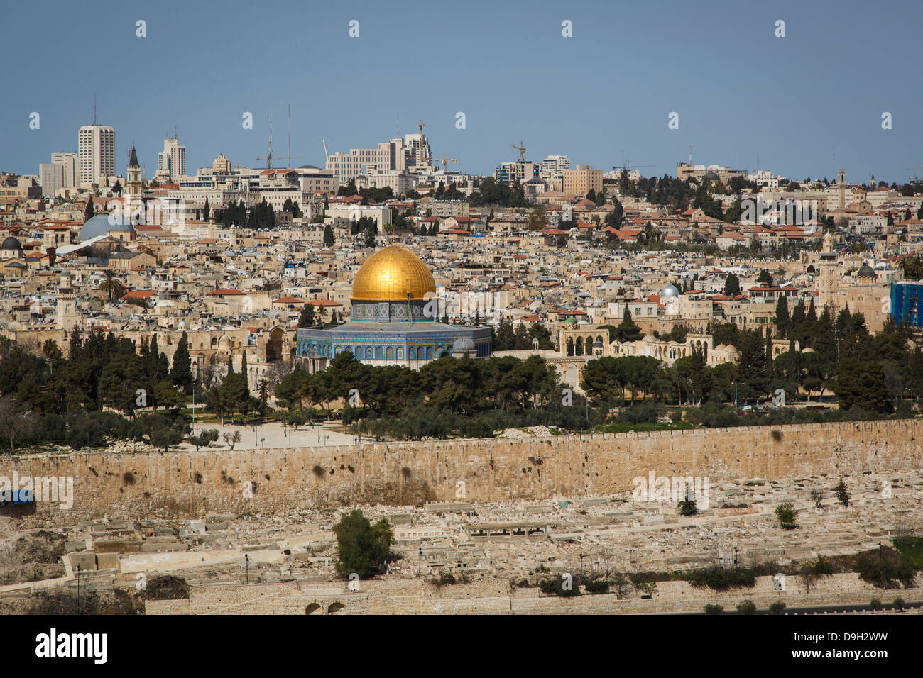 View over the old city walls and the dome of the rock mosque from mount of olives, Jerusalem, Israel. Stock Photo
