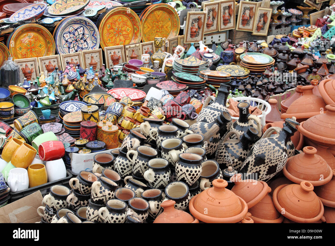 Traditional moroccan pottery for sale in a market stall Stock Photo