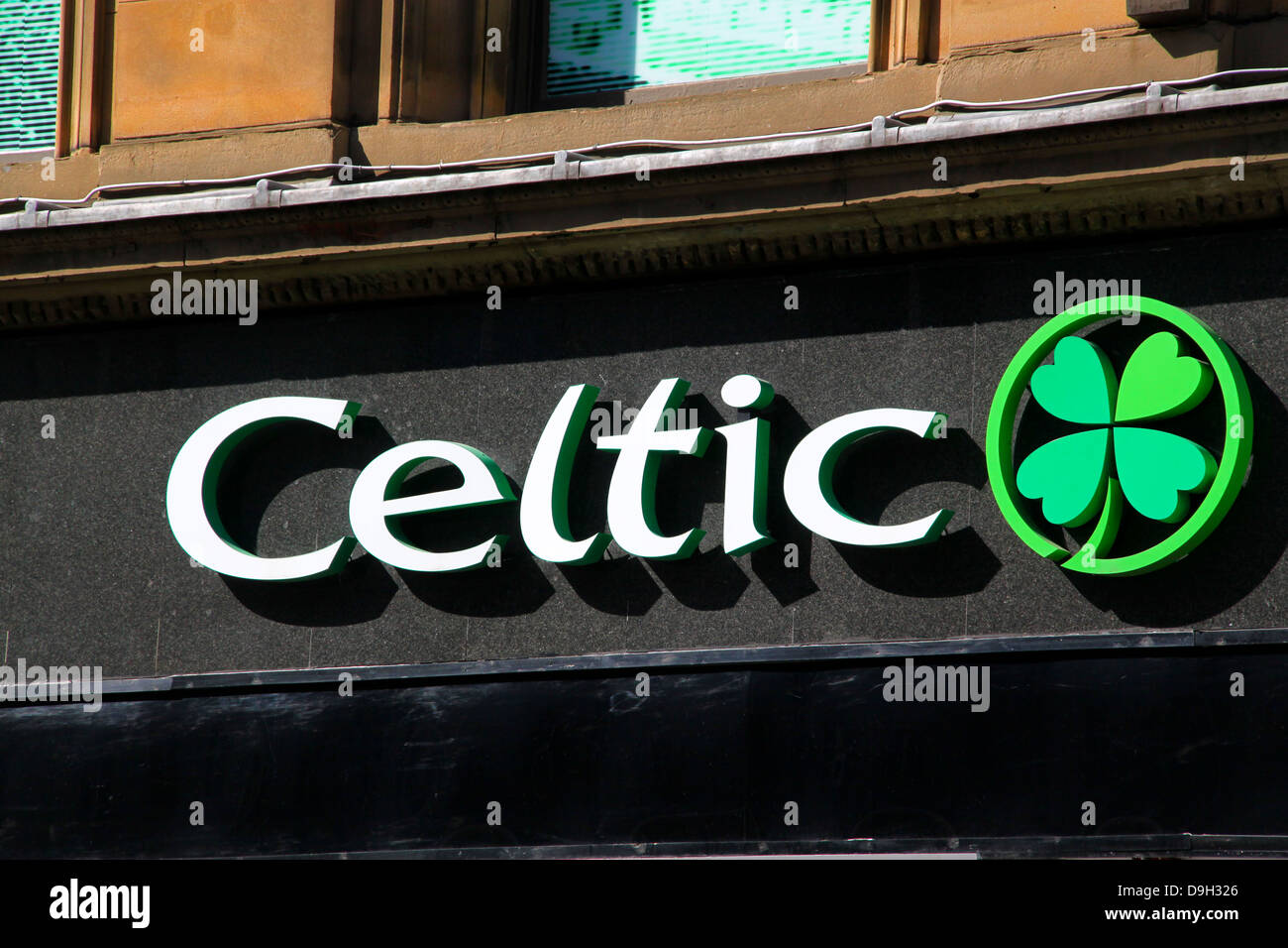 Sign over Celtic Football Club shop in Glasgow City Centre Stock Photo