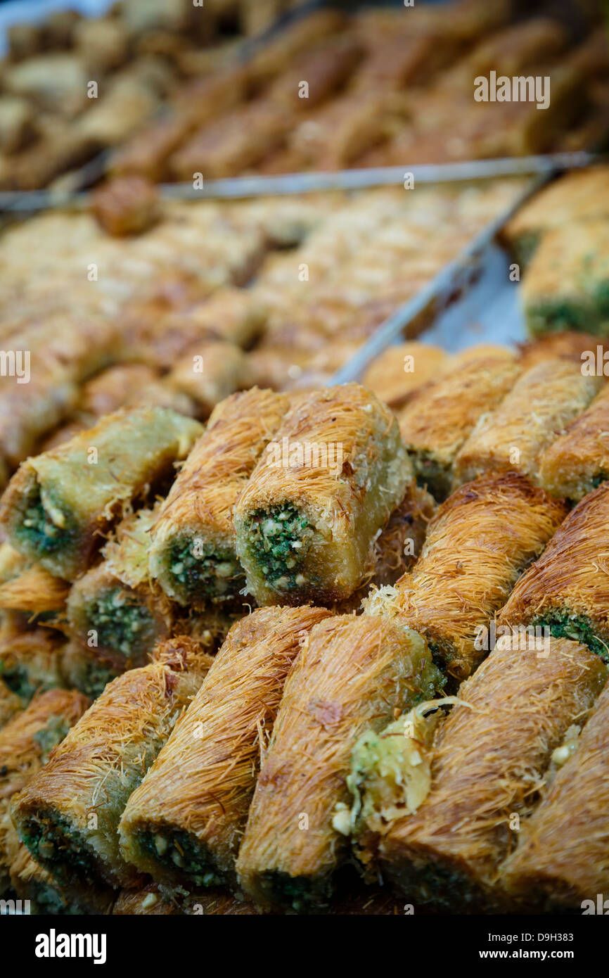 Baklava, an arab sweet pastry, Mahane Yehuda market, Jerusalem, Israel. Stock Photo