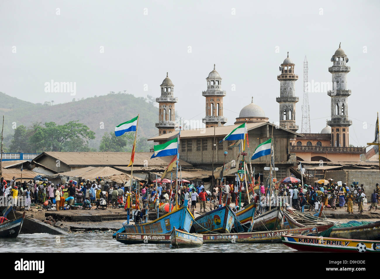 SIERRA LEONE, fishing harbor in Tombo or Tumbu, food security and the livelihood of small scale coast fisherman are affected by big trawler fleet, mosque Masjid Baitullah Stock Photo