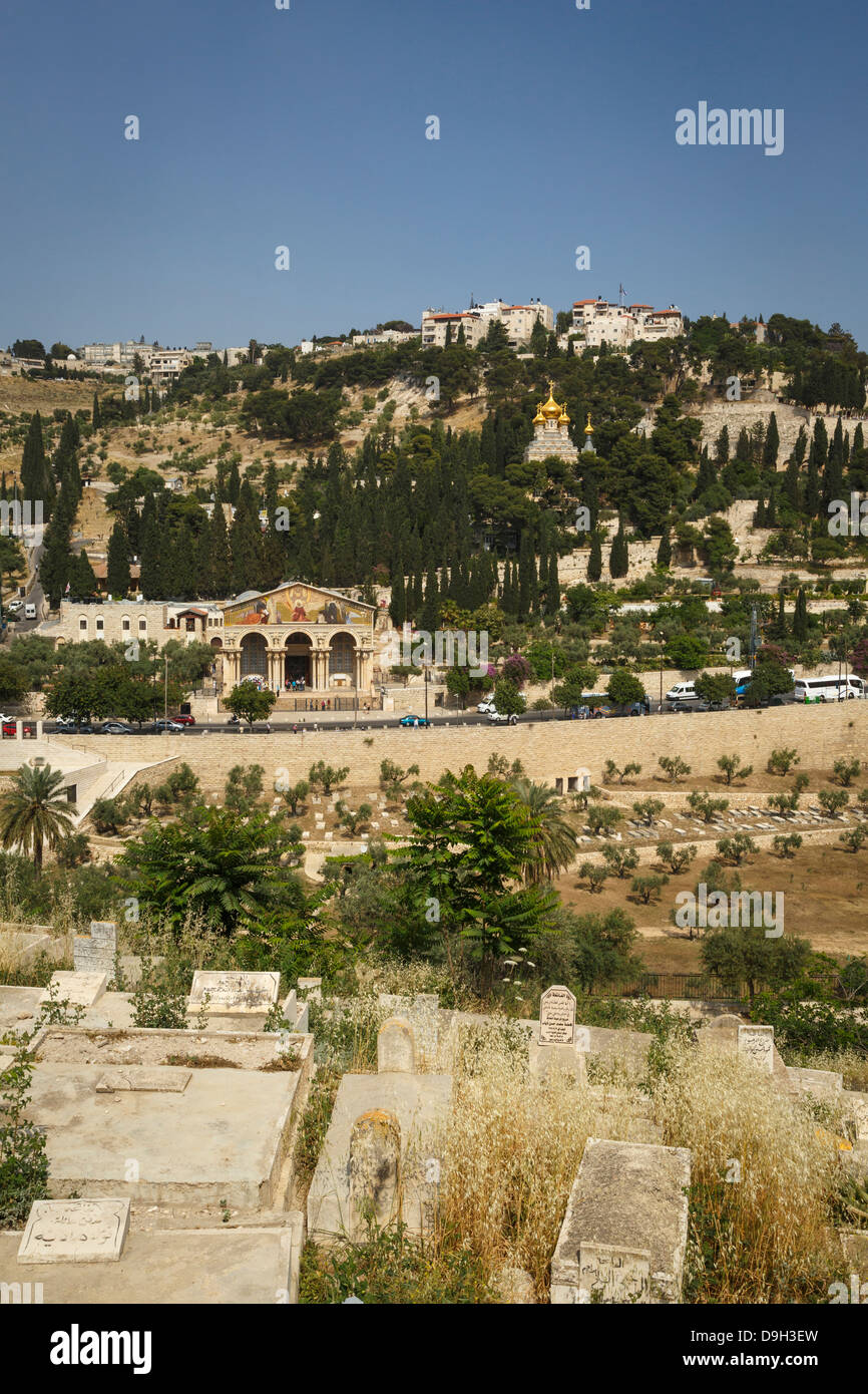 View over the Basilica of the Agony, Gethsemane, and the Maria Magdalena church in Mount Olives, Jerusalem, Israel. Stock Photo