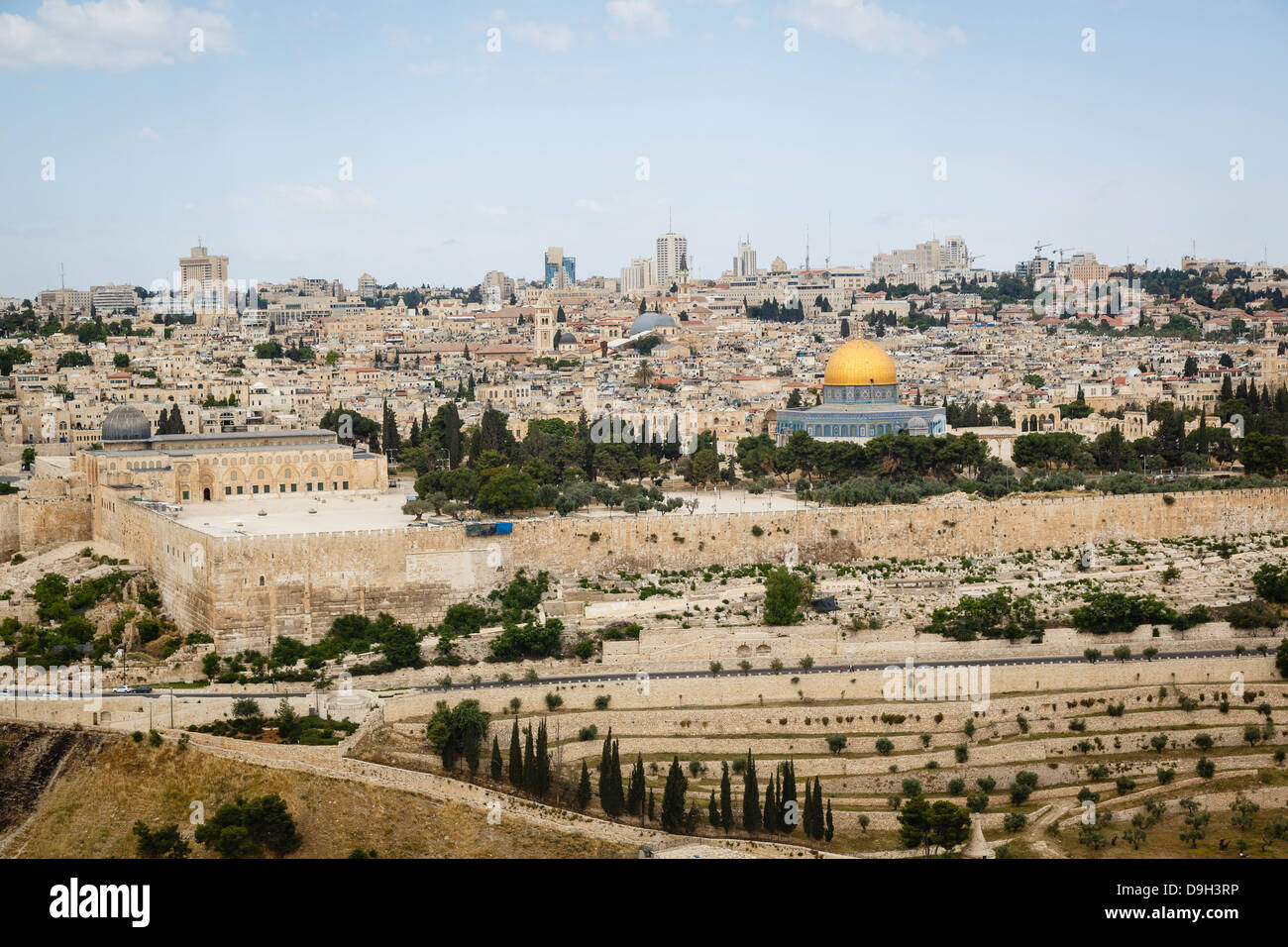 View over the old city walls and the dome of the rock mosque from mount of olives, Jerusalem, Israel. Stock Photo