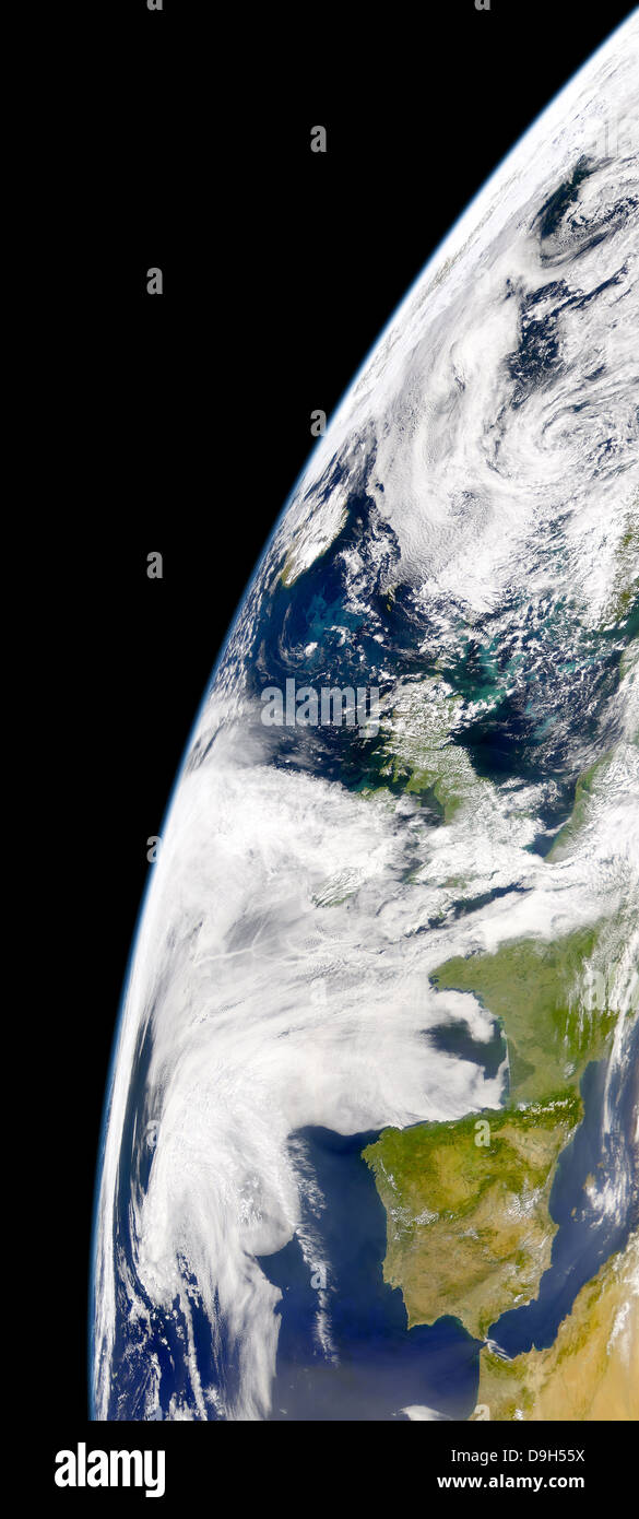 View of Earth from space showing phytoplankton bloom between Iceland and the United Kingdom. Stock Photo