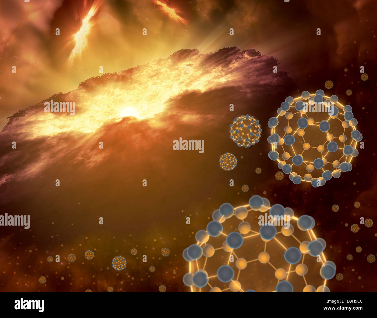 Buckyballs floating in interstellar space near a region of current star-formation. Stock Photo