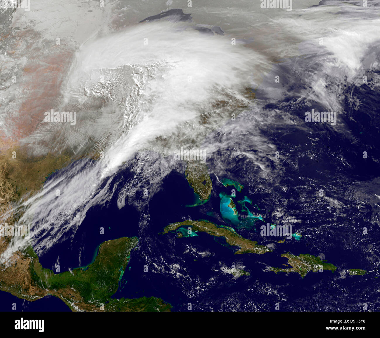Satellite view of a massive winter storm over the United States. Stock Photo