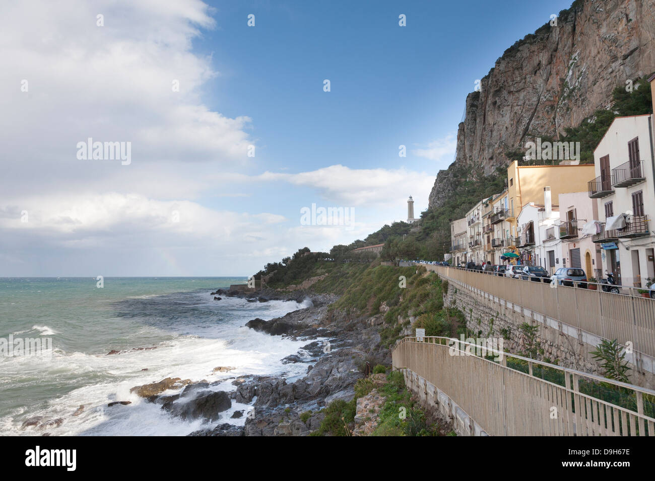 Lighthouse and Tyrrhenian Sea, Cefalu, Sicily, Italy Stock Photo