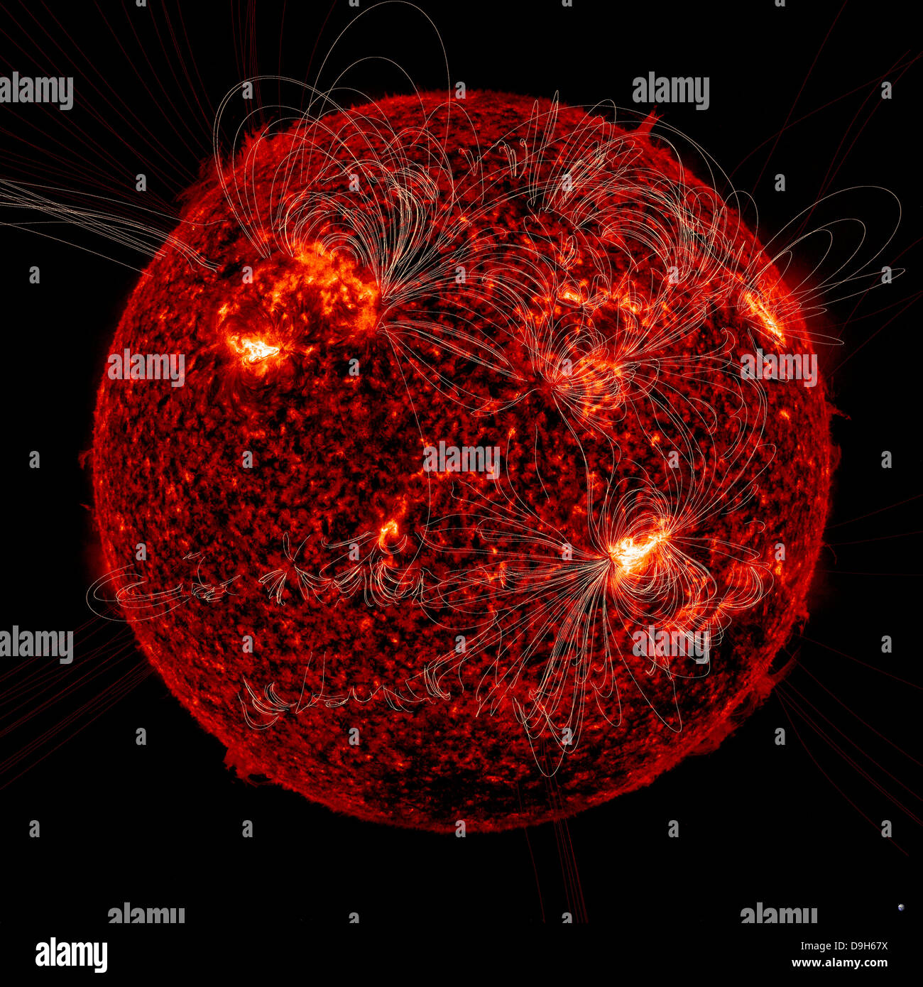 February 16, 2011 - Magnetic field lines on the Sun. Earth is visible in the bottom right corner to scale. Stock Photo