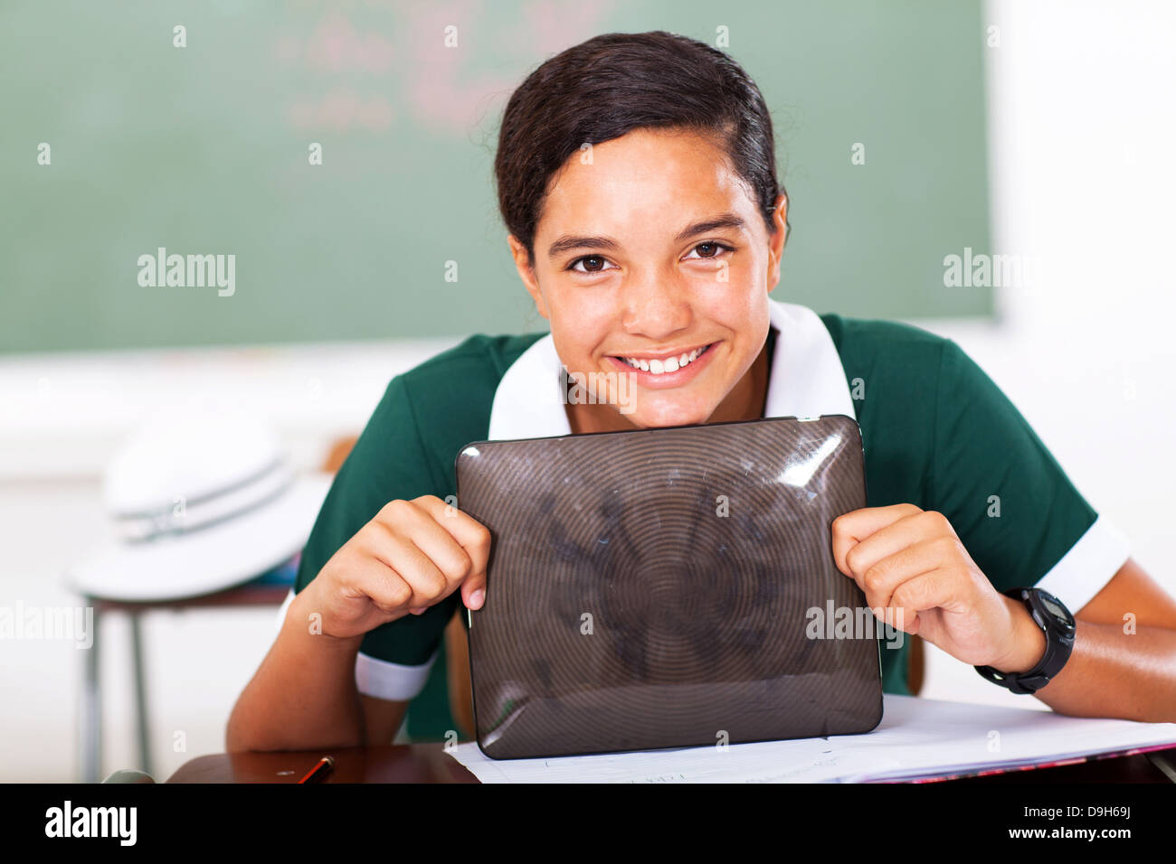 happy high school girl holding tablet computer Stock Photo