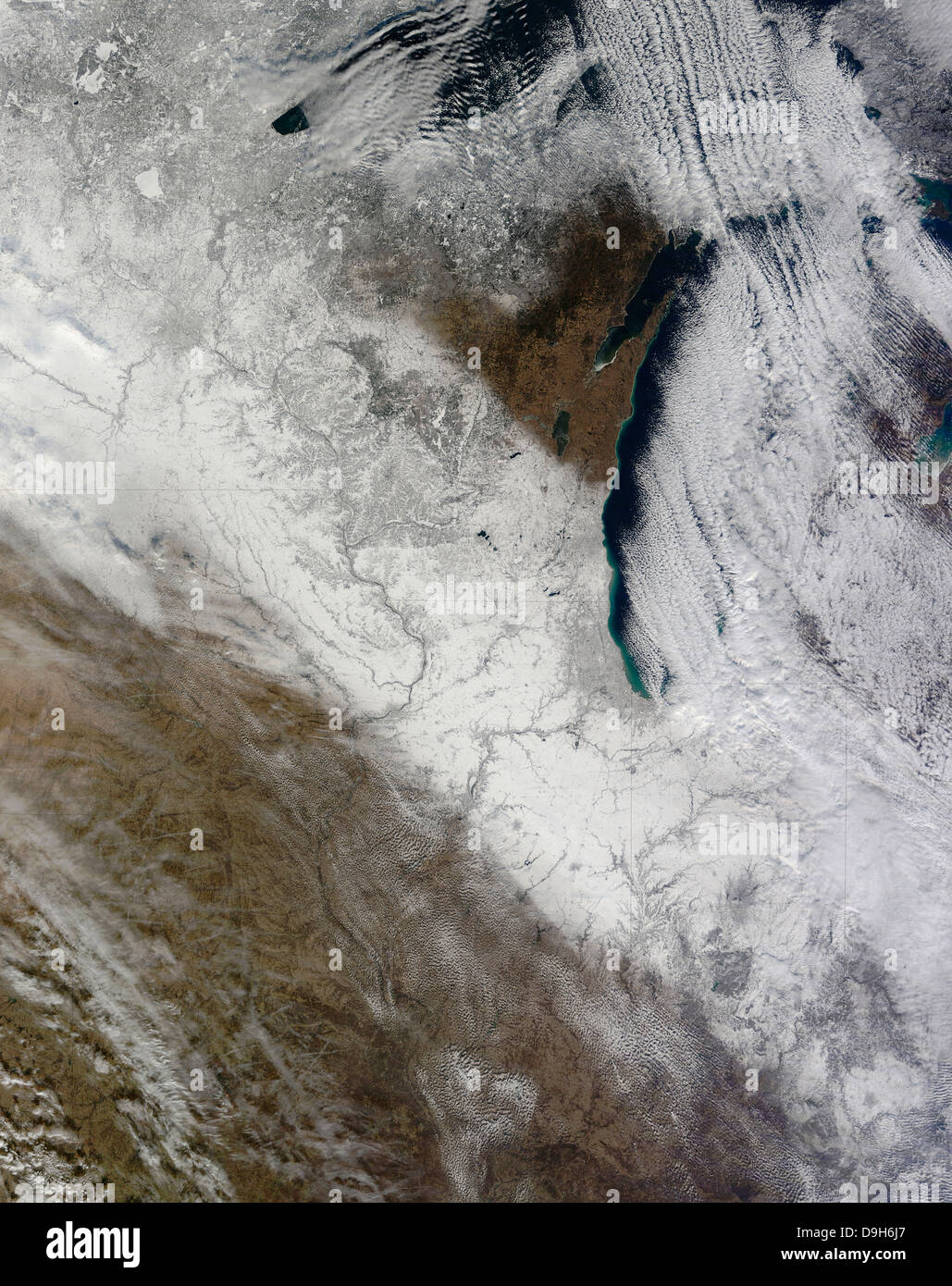 Satellite view of snow and cold across the Midwestern United States. Stock Photo