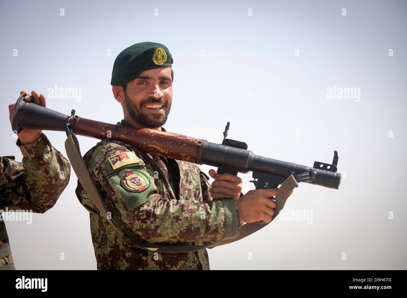 An Afghan National Army soldier with the Kandak Special Operations forces prepares to fire a RPG-7 rocket-propelled grenade launcher during a live-fire exercise May 20, 2013 in Camp Shorabak, Afghanistan. Stock Photo