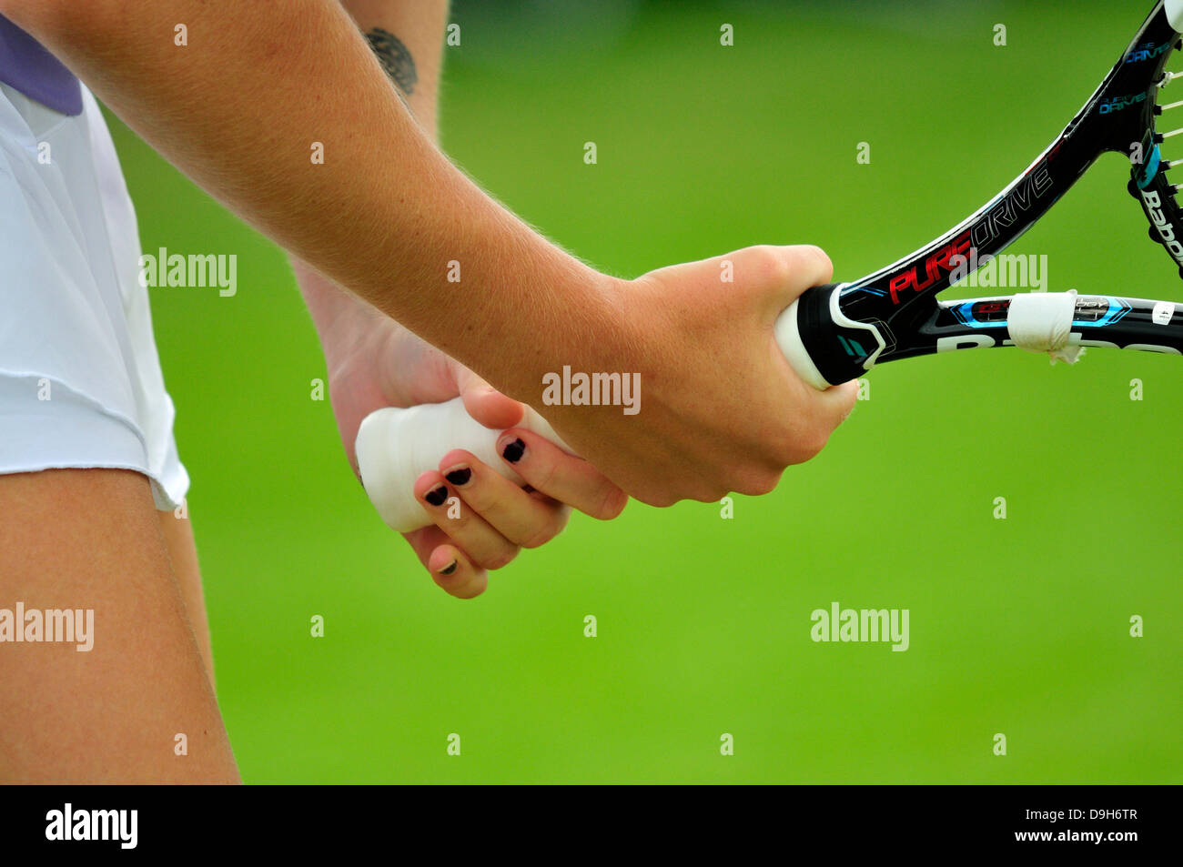 Kristyna Pliskova (Czech) close-up of hand grip, before receiving at Eastbourne, 2013 Stock Photo
