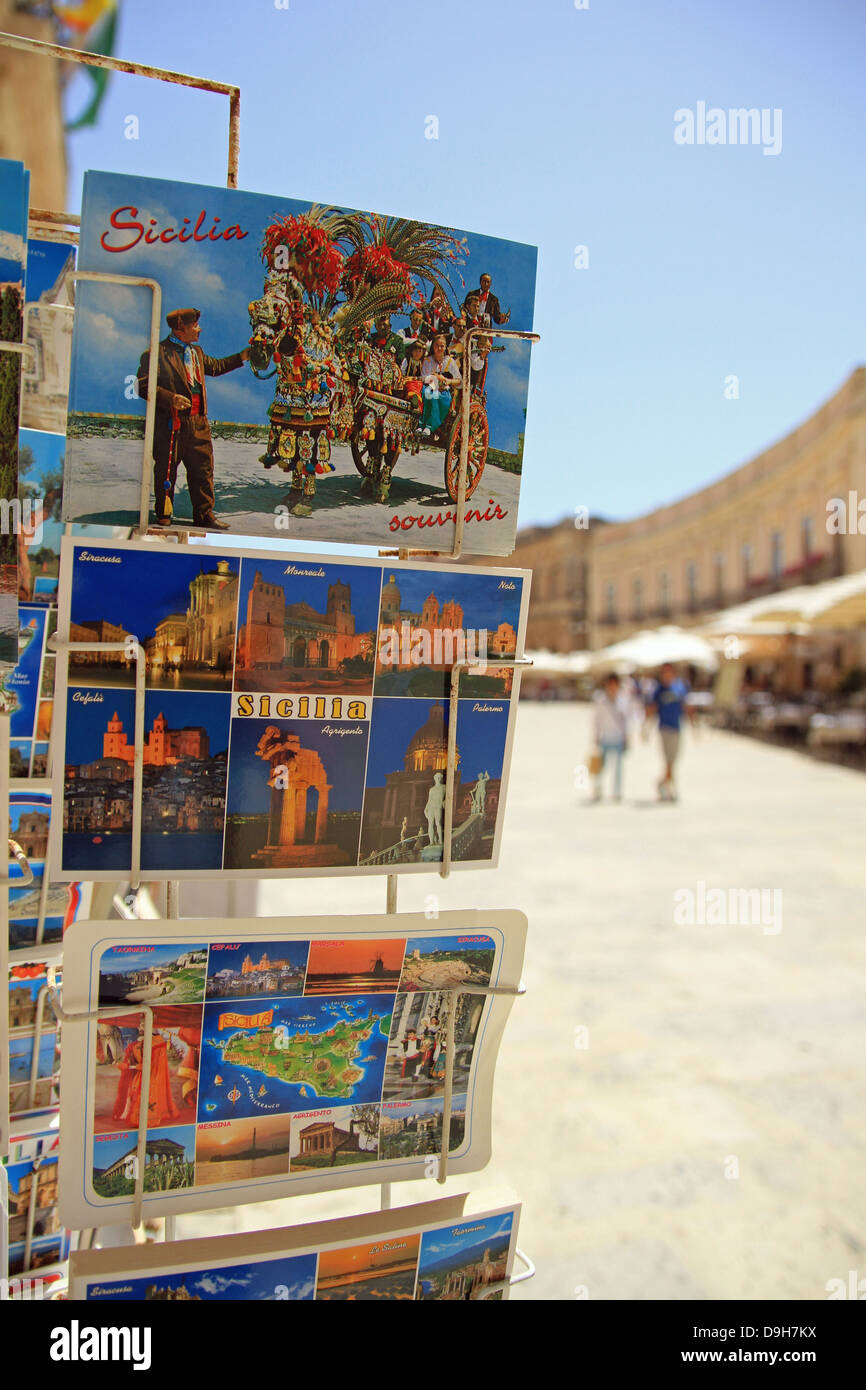 Sicilian postcards for sale in the Duomo square Syracuse, Sicily Stock