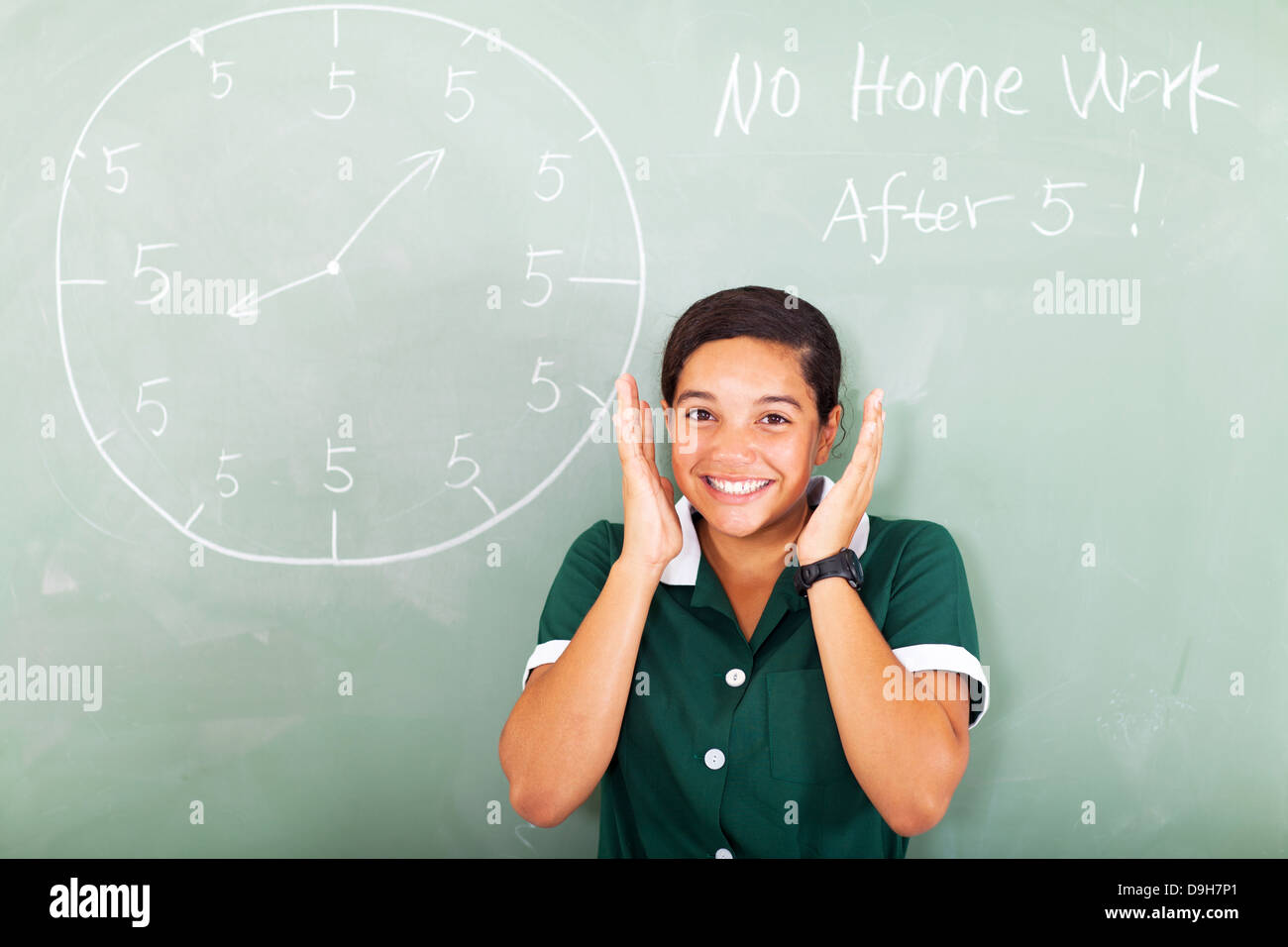 cheerful female high school student thinking of not having homework Stock Photo