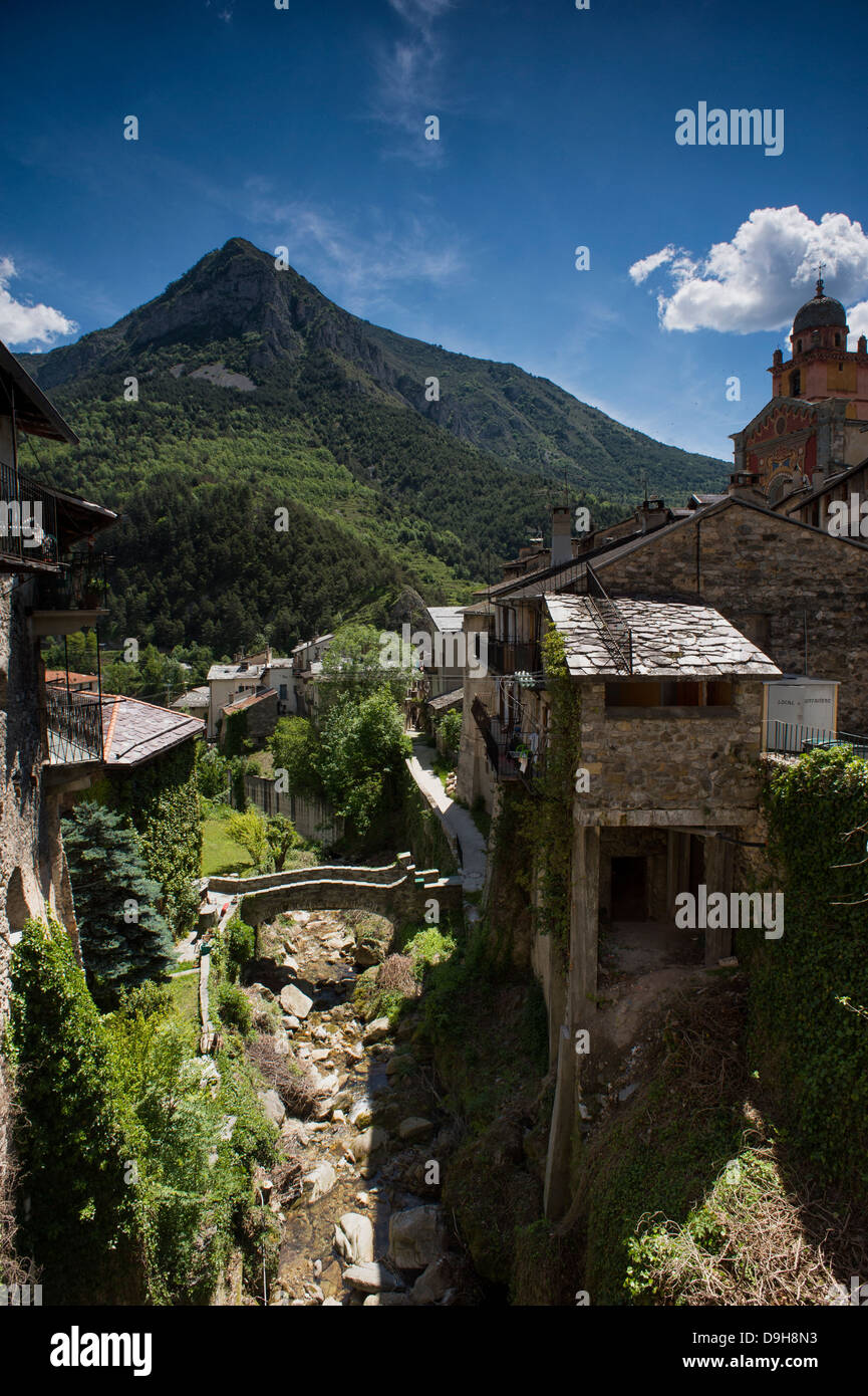 Wide angle shot of the town of Tende, high in the southern Alps in the French Mercantour National Park and Roya Valley. Stock Photo