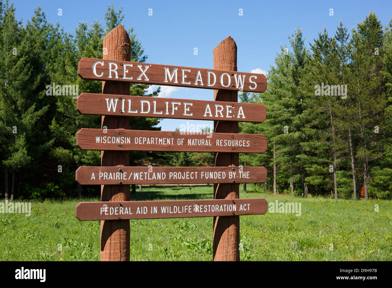 Sign at the headquarters of the Crex Meadows Wildlife Area in western Wisconsin, USA. Stock Photo