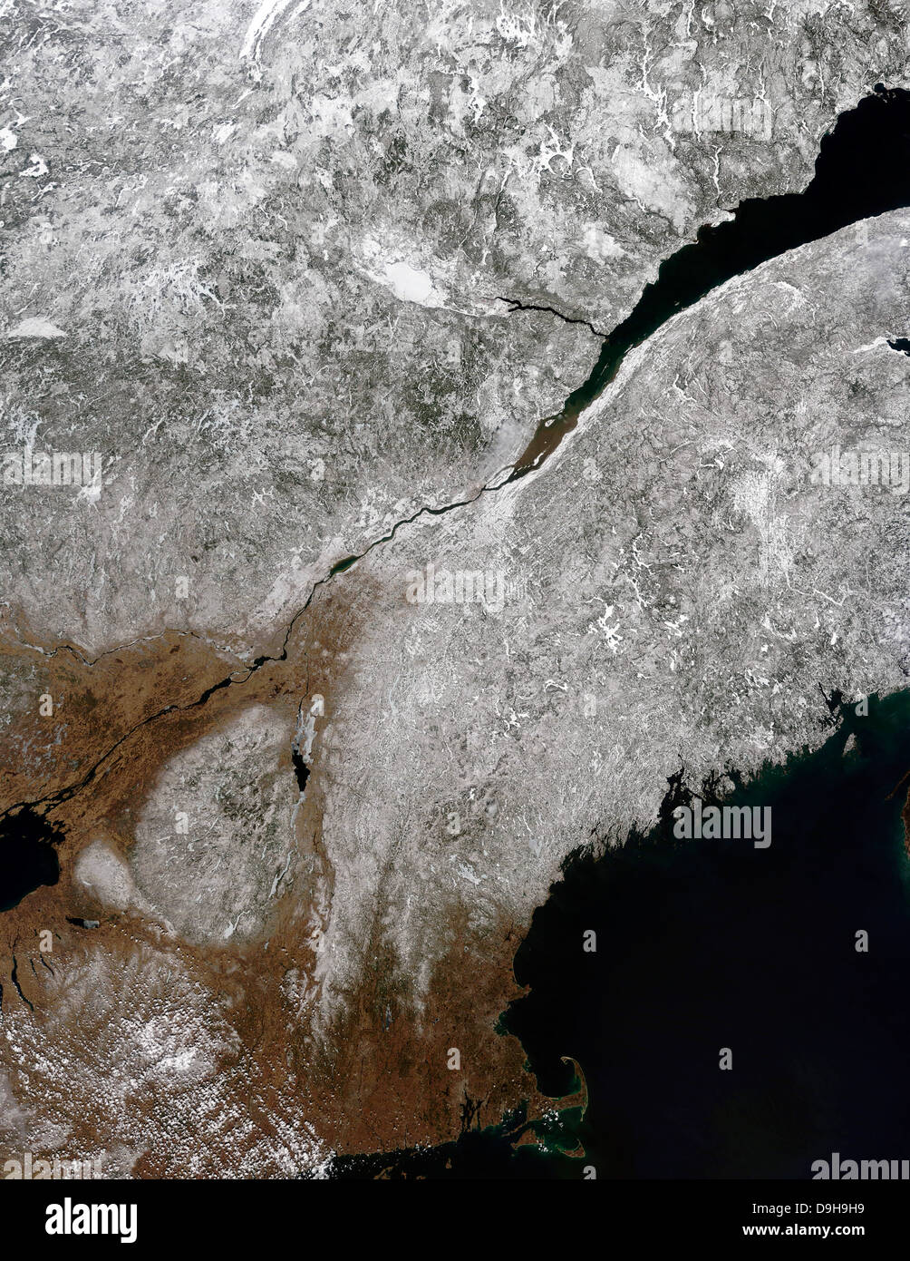 Satellite view of a frosty landscape across northern New England and eastern Canada. Stock Photo