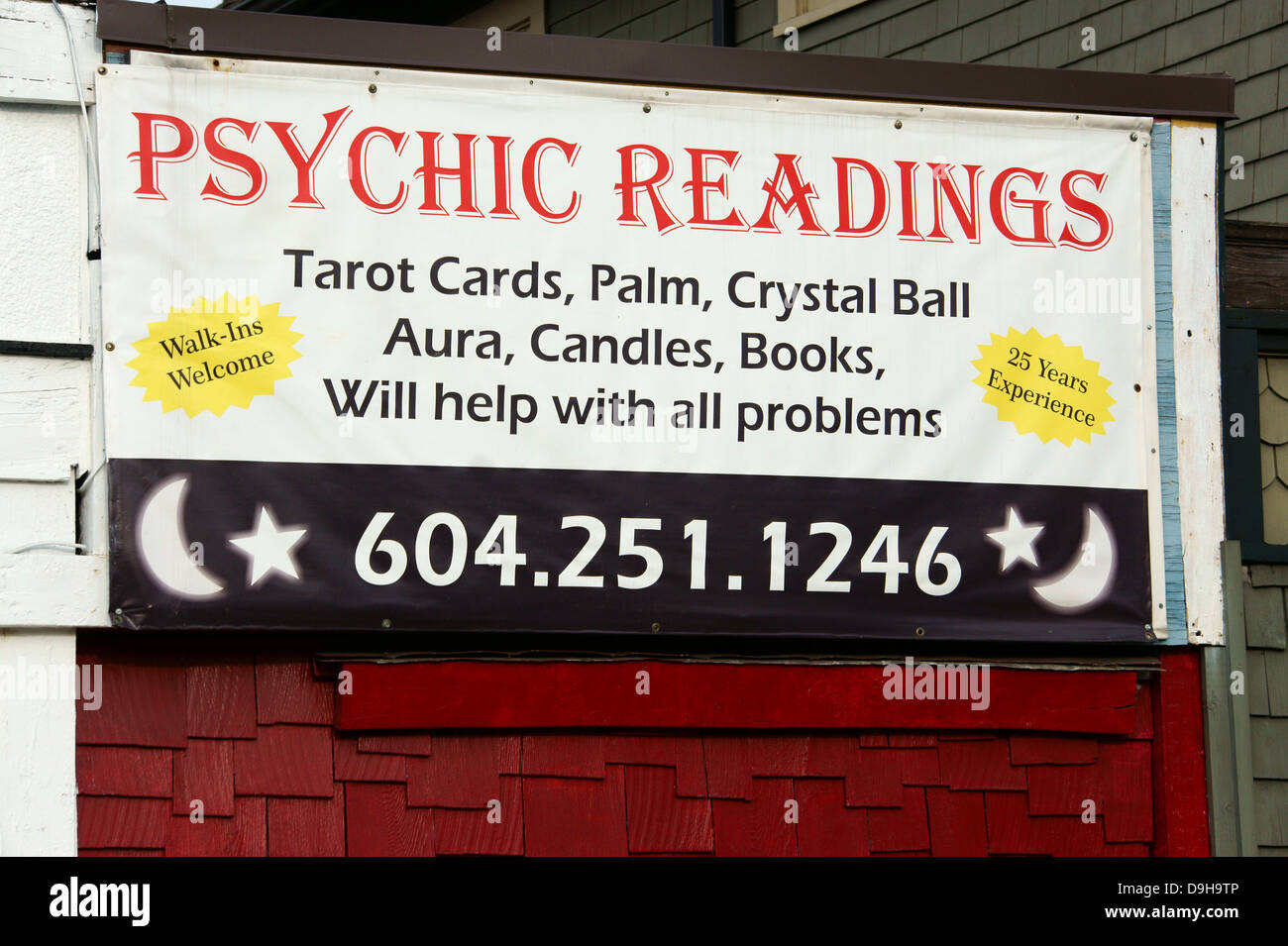 Psychic readings and occult shop sign on Main Street in Vancouver, BC, Canada Stock Photo