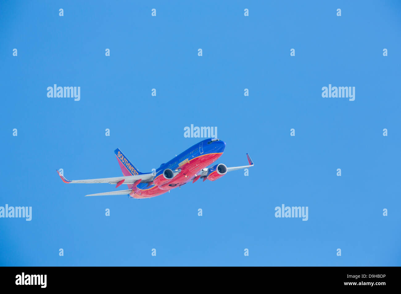 Southwest Airlines Boeing showing a "Free Bags Fly Here" label Stock