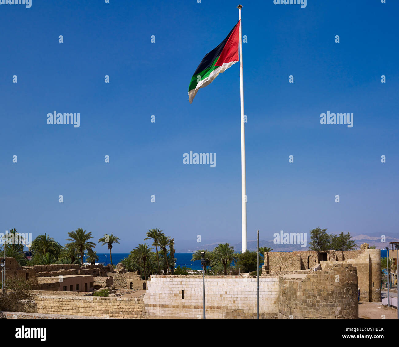 Fortress with Jordanian flag in Aqaba, Jordan, Middle East Stock Photo