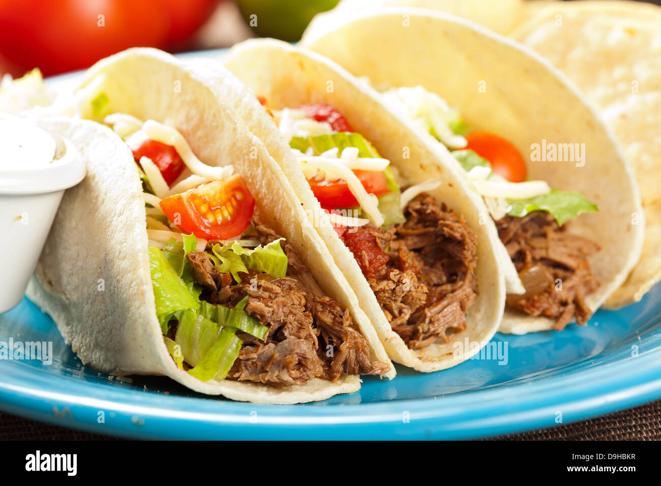 Fresh Homemade Shredded Beef Tacos with organic ingredients Stock Photo