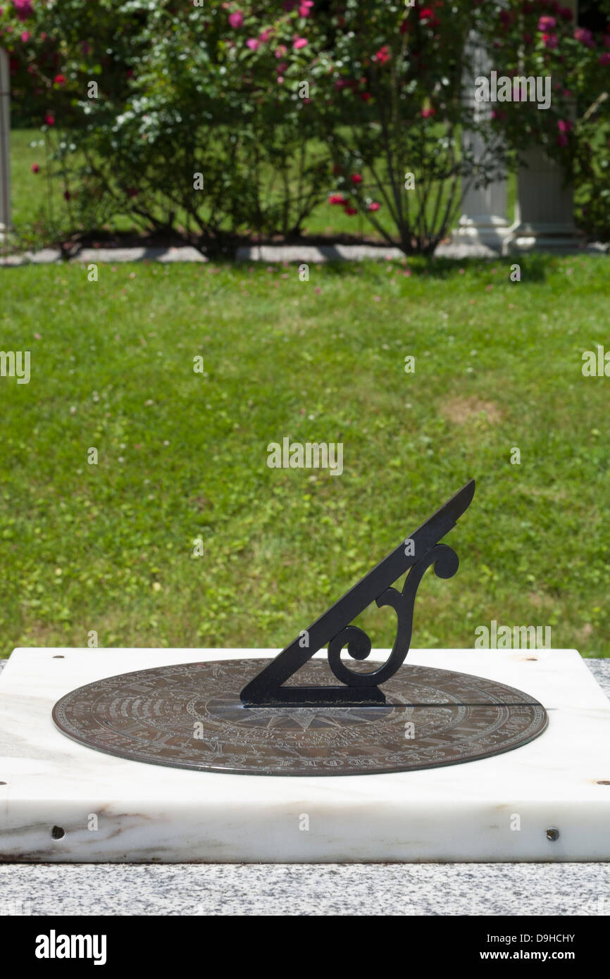 Gardens to the Yaddo estate, Saratoga Sprigs, NY. The estate is now a renowned artist residency.  Sundial in foreground. Stock Photo