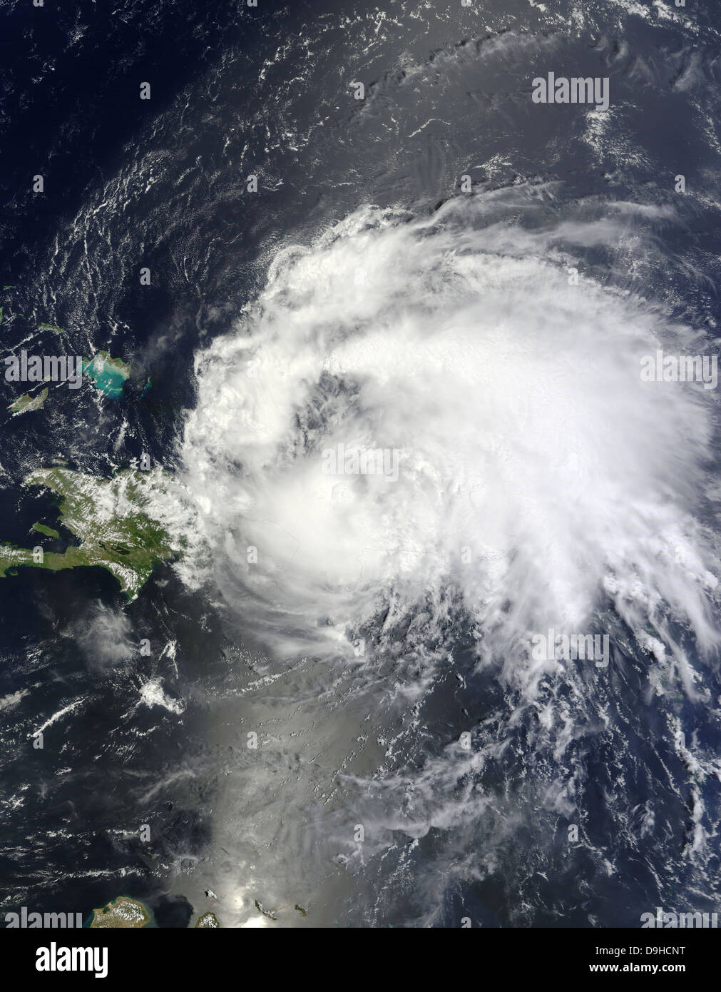 August 22, 2011 - Satellite view of Hurricane Irene over parts of the Dominican Republic, and all of Puerto Rico. Stock Photo