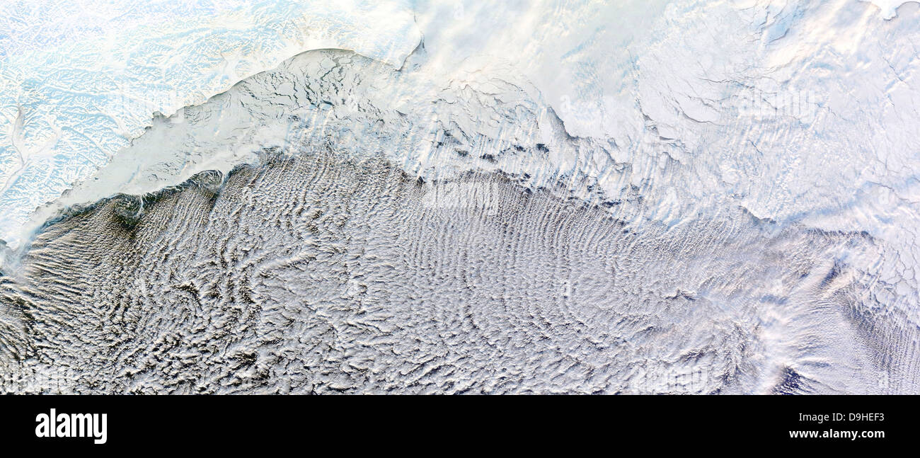 Cloud streets over the Bering Sea. Stock Photo