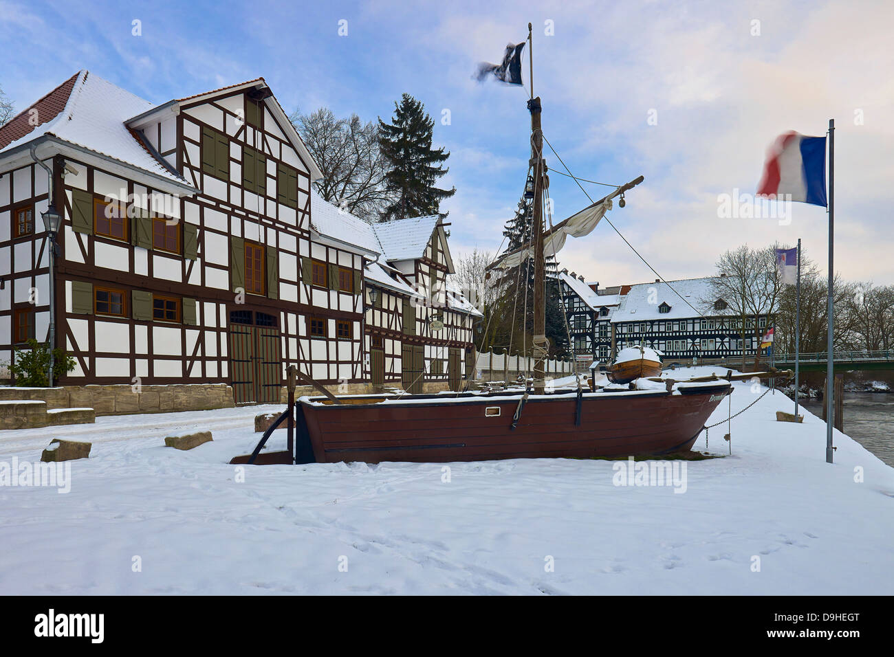 Old harbor at the Schlagd of Wanfried, Werra Meissner District, Hesse, Germany Stock Photo