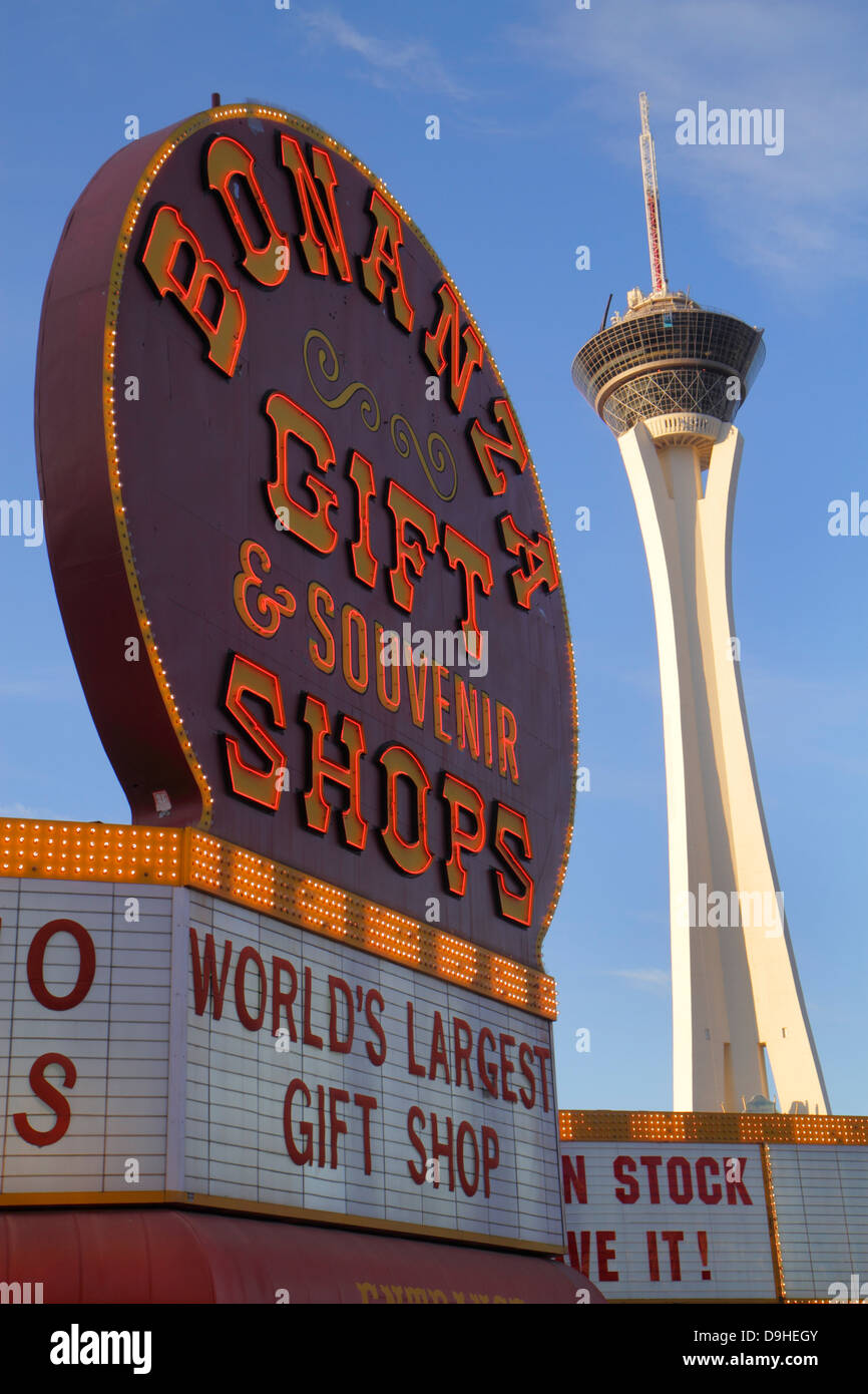 Las Vegas Nevada,West Sahara Avenue,neon,sign,Bonanza Gift & Souvenir Shops,Stratosphere Casino Hotel & Tower,NV130327040 Stock Photo