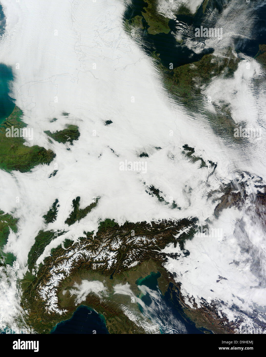 A massive cloudbank sprawled over central Europe. Stock Photo