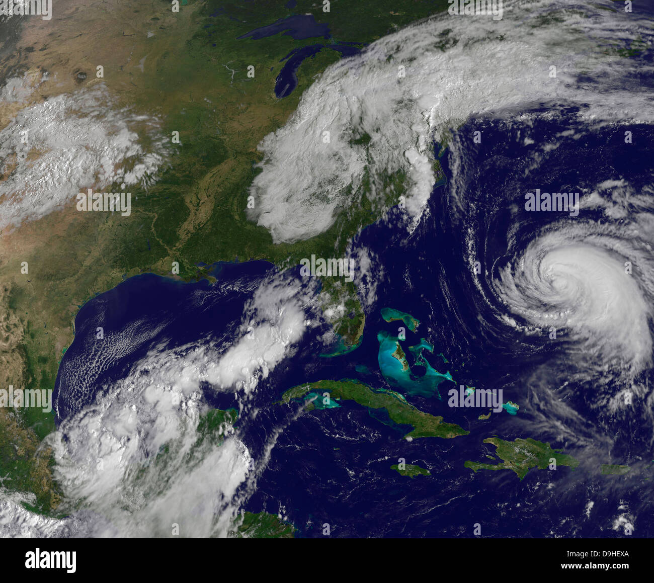 Satellite view of several weather systems in the eastern United States. Stock Photo