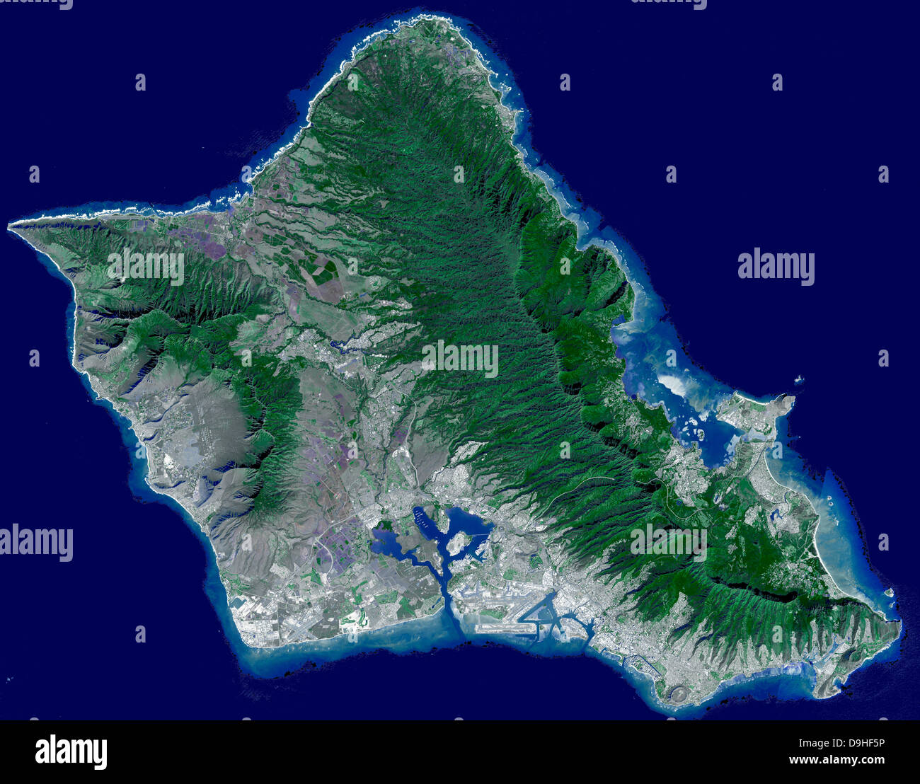 Satellite image of Oahu, Hawaii. Stock Photo
