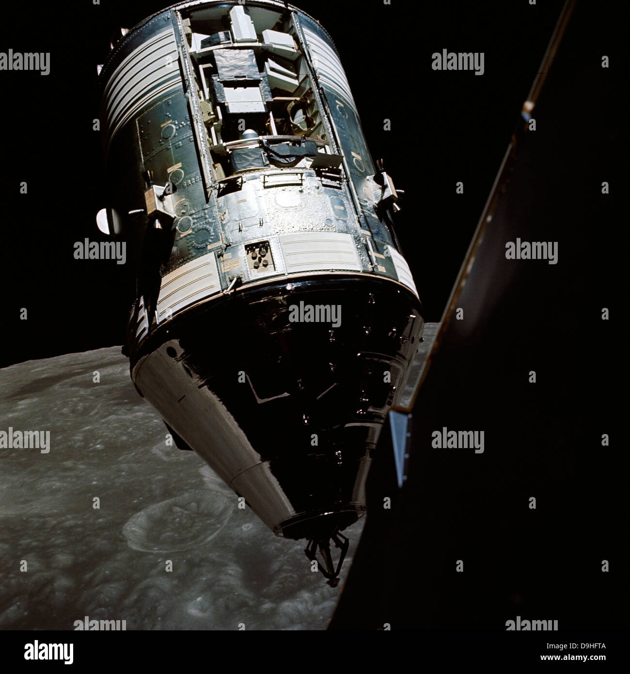 View of the Apollo 17 Command and Service Modules in lunar orbit. Stock Photo