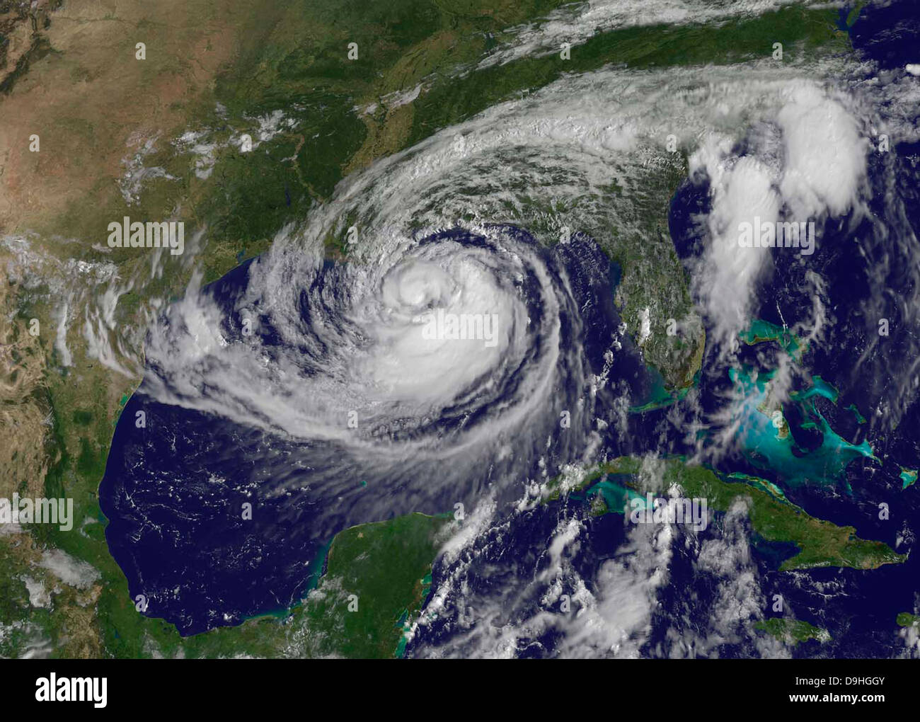Satellite view of Tropical Storm Isaac in the Gulf of Mexico. Stock Photo
