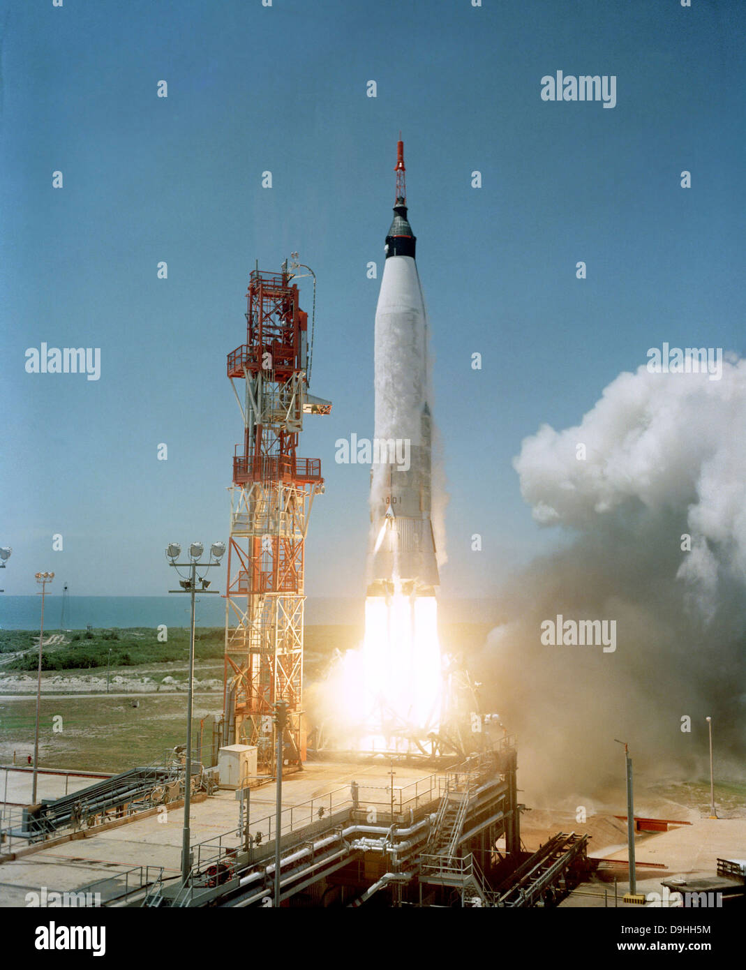 April 25, 1961 - View of the Mercury-Atlas 3 liftoff from Cape Canaveral, Florida. Stock Photo