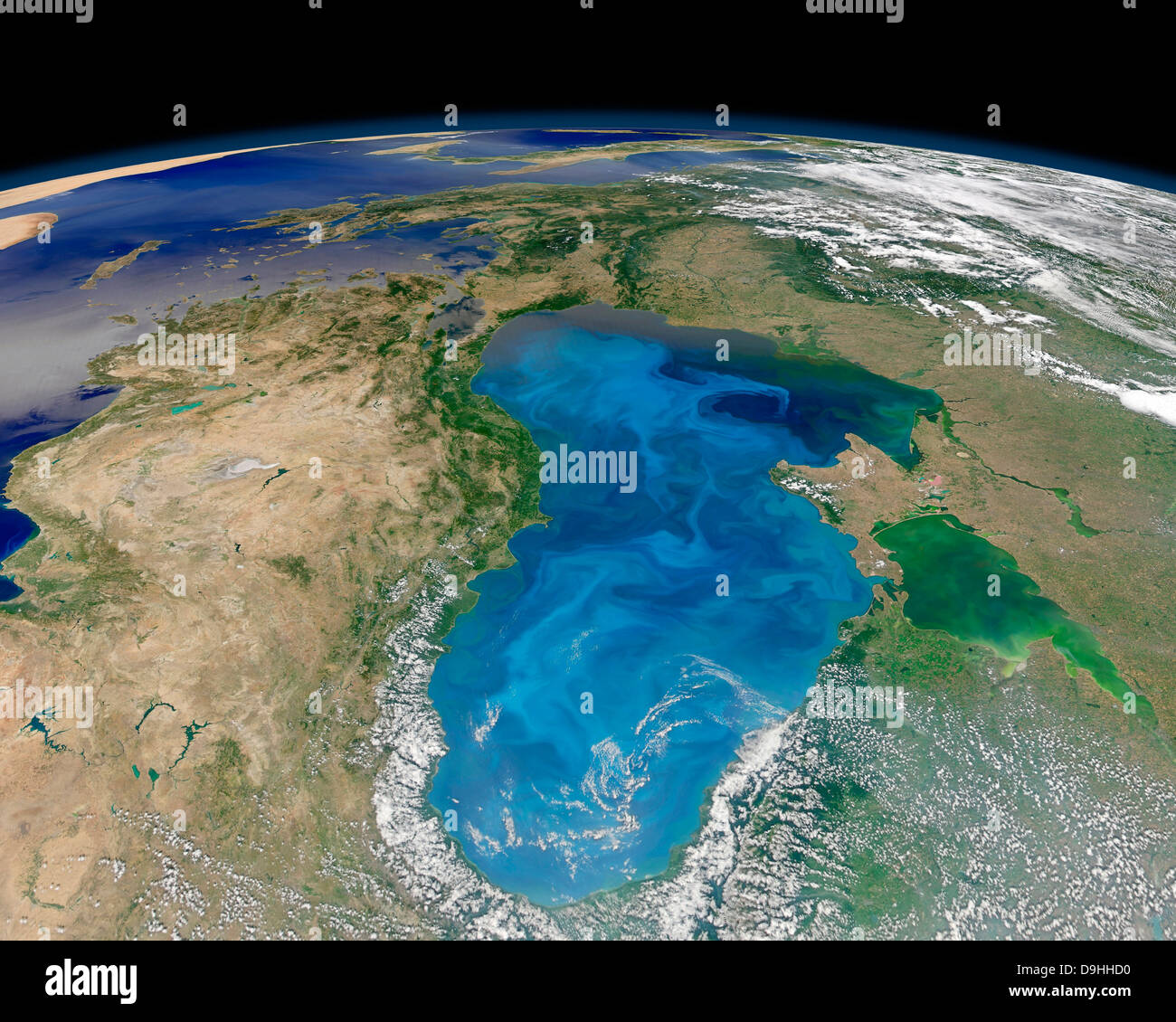 Satellite view of swirling blue phytoplankton bloom in the Black Sea. Stock Photo