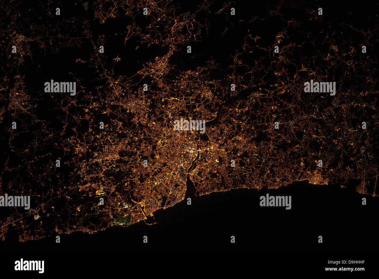 Nighttime image of Portugal showing city lights of Porto and Vila de Gaia. Stock Photo