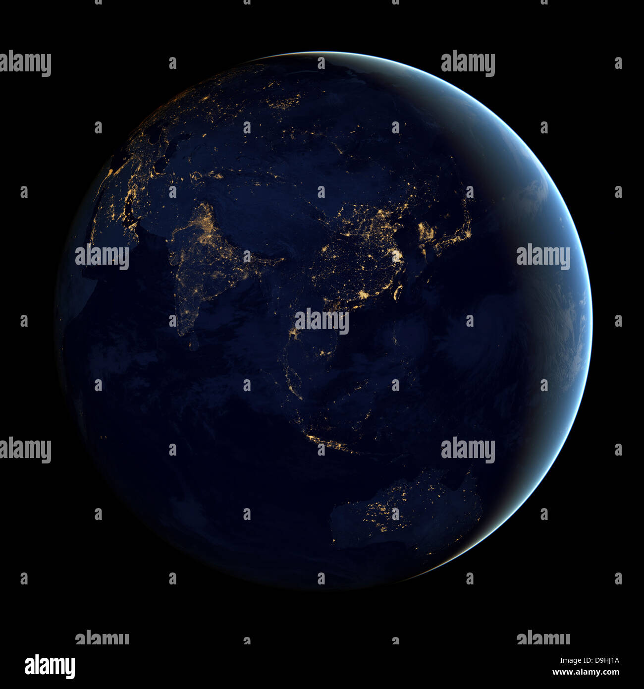 Full Earth at night showing city lights of Asia and Australia. Stock Photo