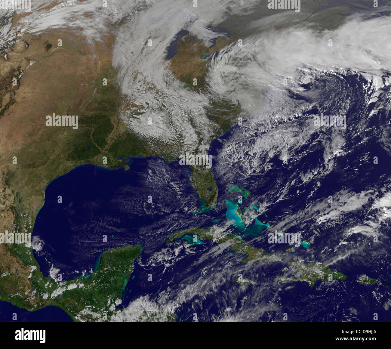 November 7, 2012 - Satellite view of a Nor'easter as its clouds spread over the Mid-Atlantic and northeast. Stock Photo