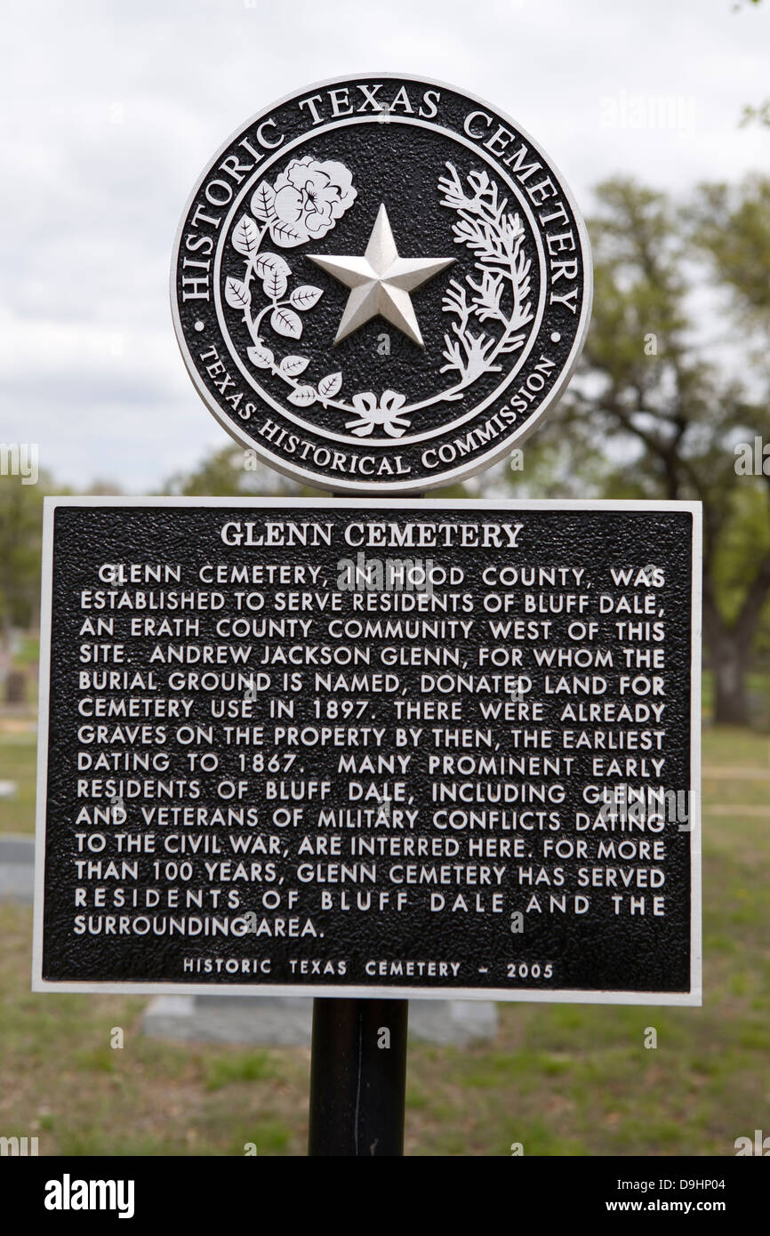 GLENN CEMETERY Glenn Cemetery, in Hood County, was established to serve residents of Bluff Dale, an Erath County community west of this site. Andrew Jackson Glenn, for whom the burial ground is named, donated land for cemetery use in 1897. There were already graves on the property by then, the earliest dating to 1867. Many prominent early residents of Bluff Dale, including Glenn and veterans of military conflicts dating to the Civil War, are interred here. For more than 100 years, Glenn Cemetery has served residents of Bluff Dale and the surrounding area. Historic Texas Cemetery - 2005 Stock Photo