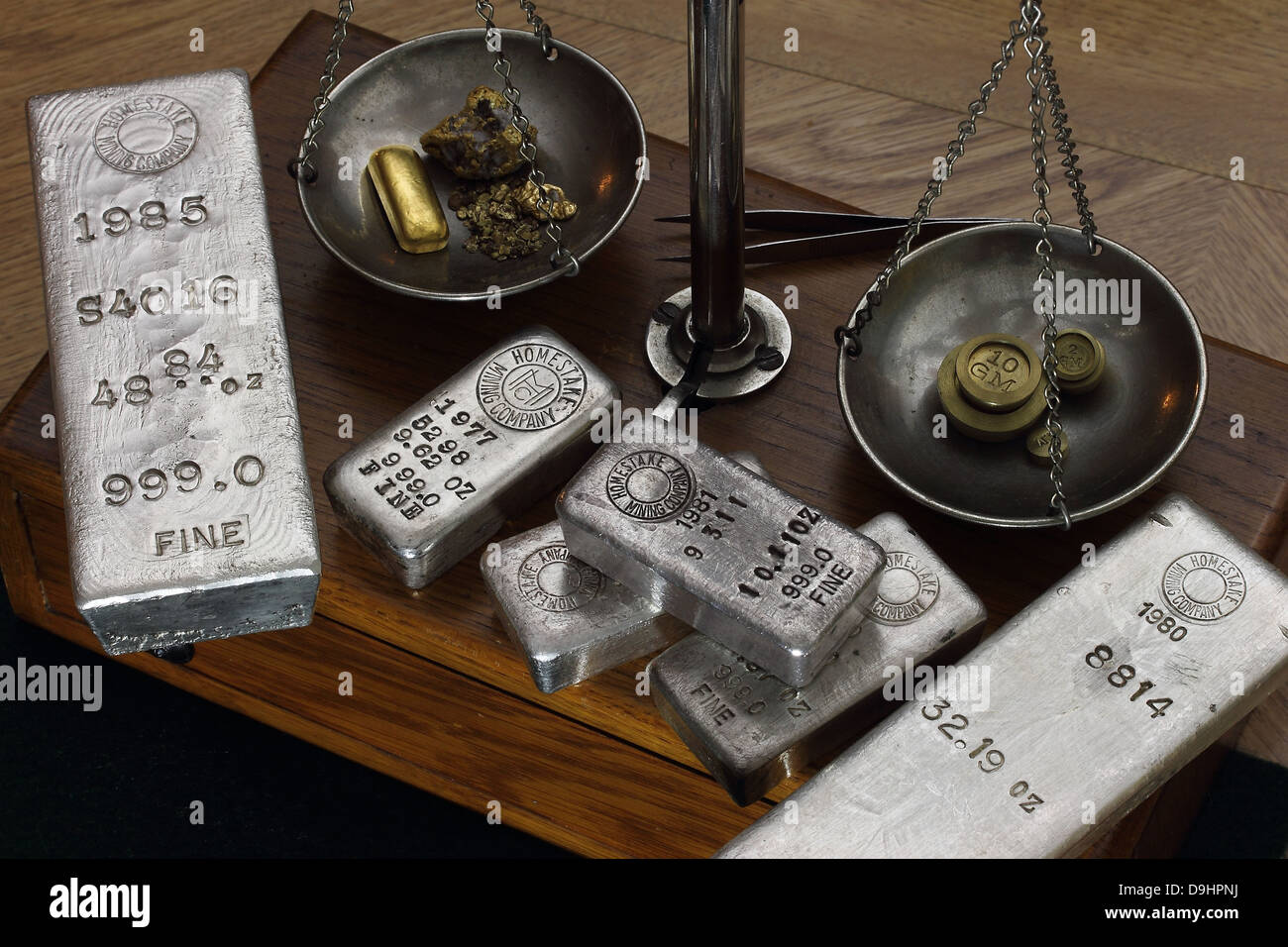 Silver Bullion Bars (Ingots) on Antique Balance Scale Gold Bar and