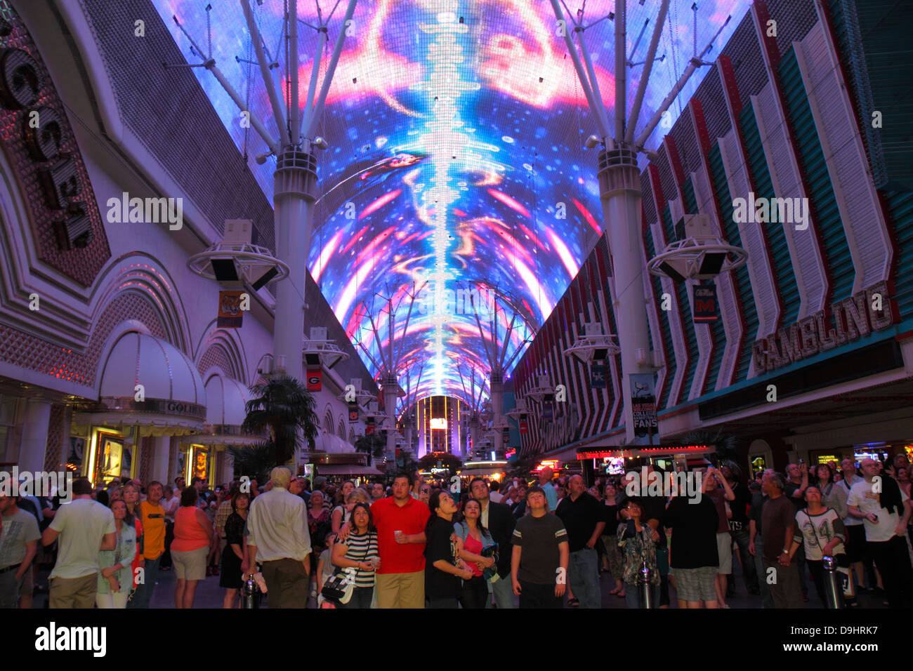 Las Vegas Nevada,Downtown,Fremont Street Experience,pedestrian mall arcade,Viva Vision canopy,light show,night nightlife evening after dark,audience,v Stock Photo