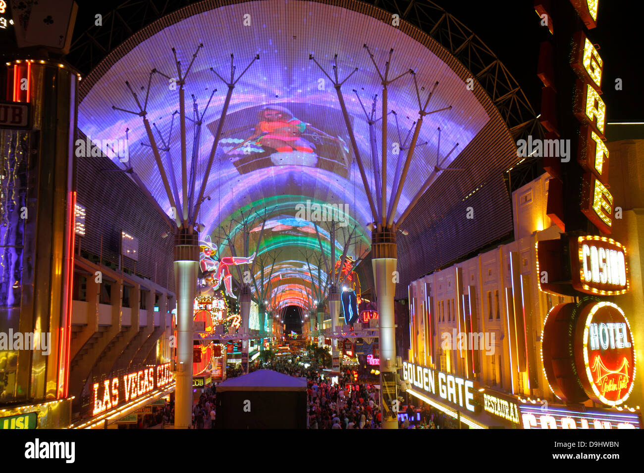Las Vegas Nevada,Downtown,Fremont Street Experience,pedestrian mall,night evening,neon signs,Viva Vision canopy,light show,NV130329150 Stock Photo