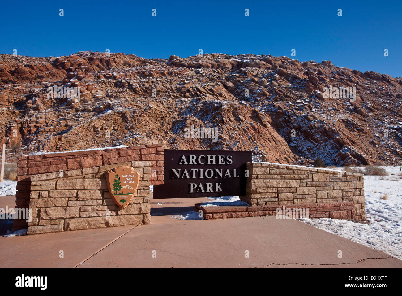 National Park Service entrance sign, Arches National Park, Utah, United States of America Stock Photo