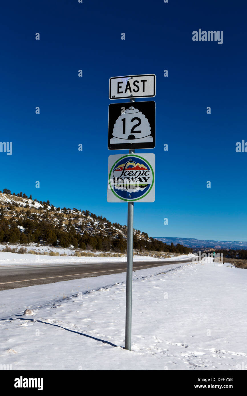 Scenic byway highway 12 eastbound sign with snow in winter, Utah, United States of America Stock Photo