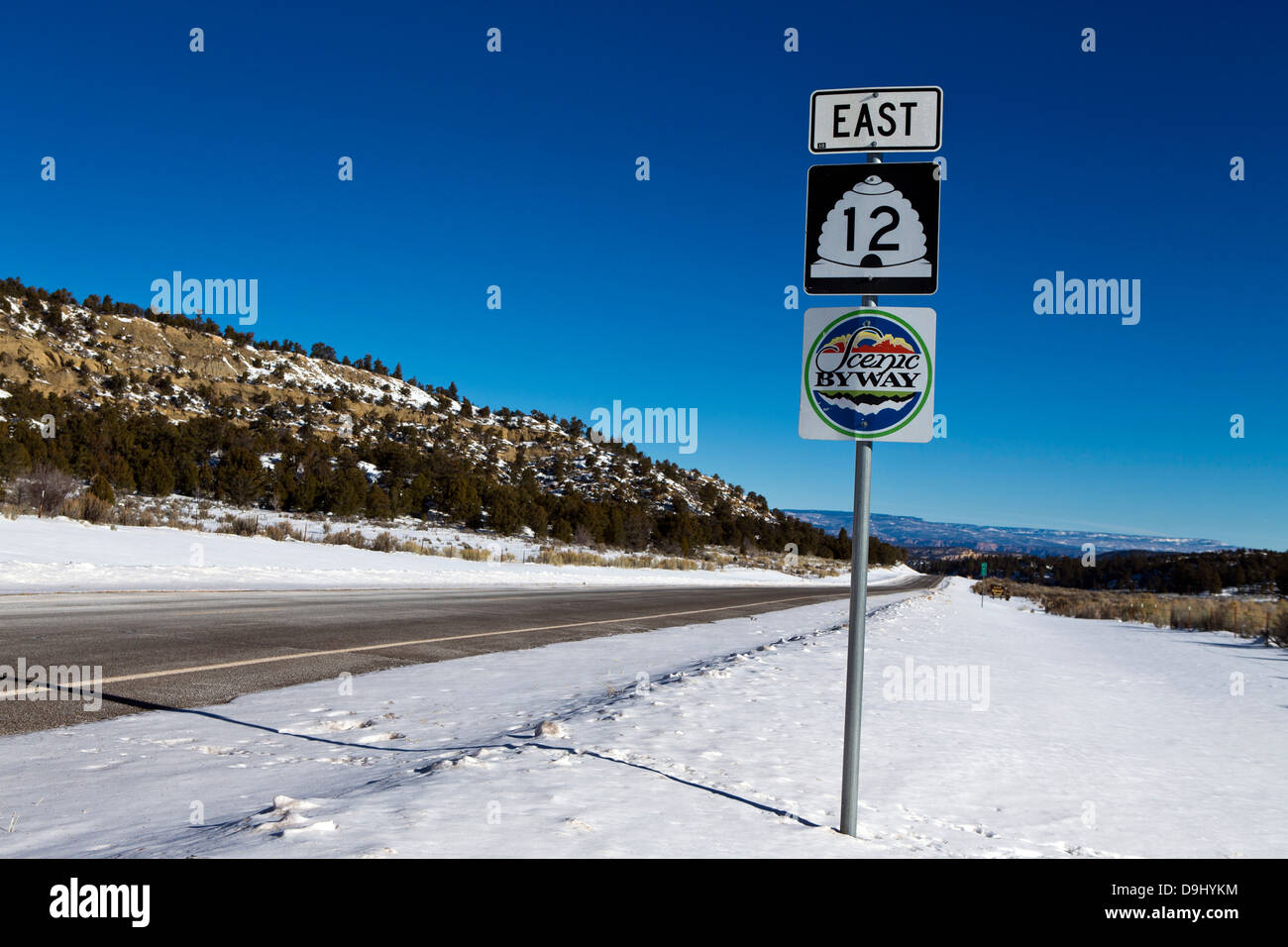 Scenic byway highway 12 eastbound sign with snow in winter, Utah, United States of America Stock Photo